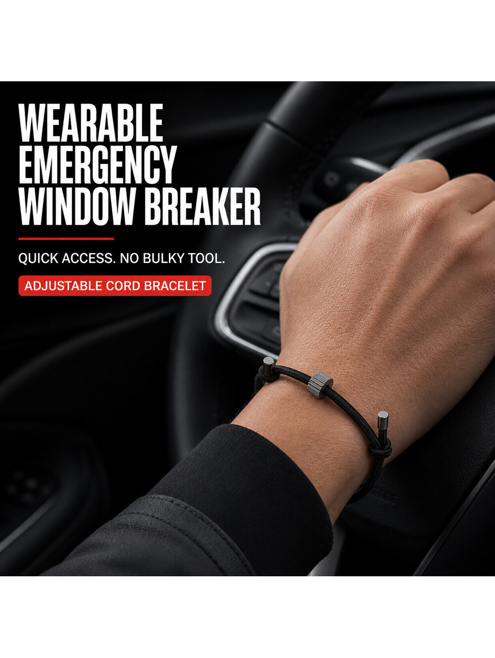 Car Window Breaker Bracelet Emergency Escape Tool Tungsten Carbide Bead Black
